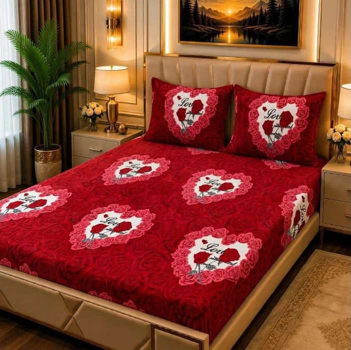 3Pc Fleece Bedsheet Design 01 - Red Love Heart Roses