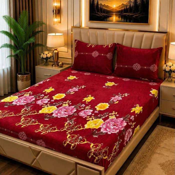 3Pc Fleece Bedsheet Design 02 - Maroon Floral Yellow Pink