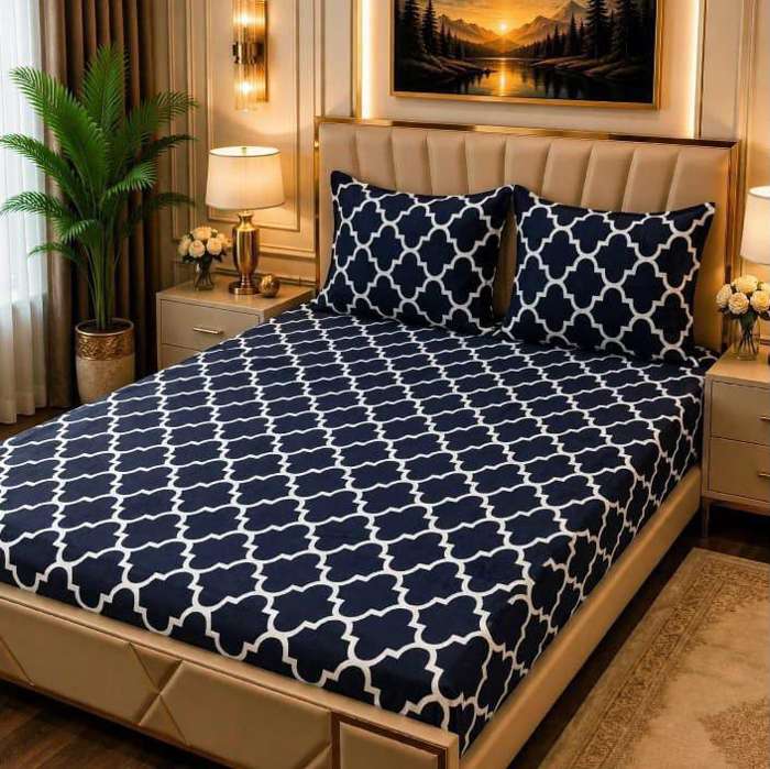 3Pc Fleece Bedsheet Design 03 - Navy Geometric White