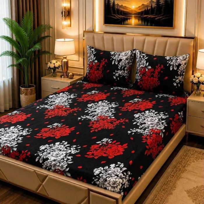 3Pc Fleece Bedsheet Design 04 - Black Red White Floral