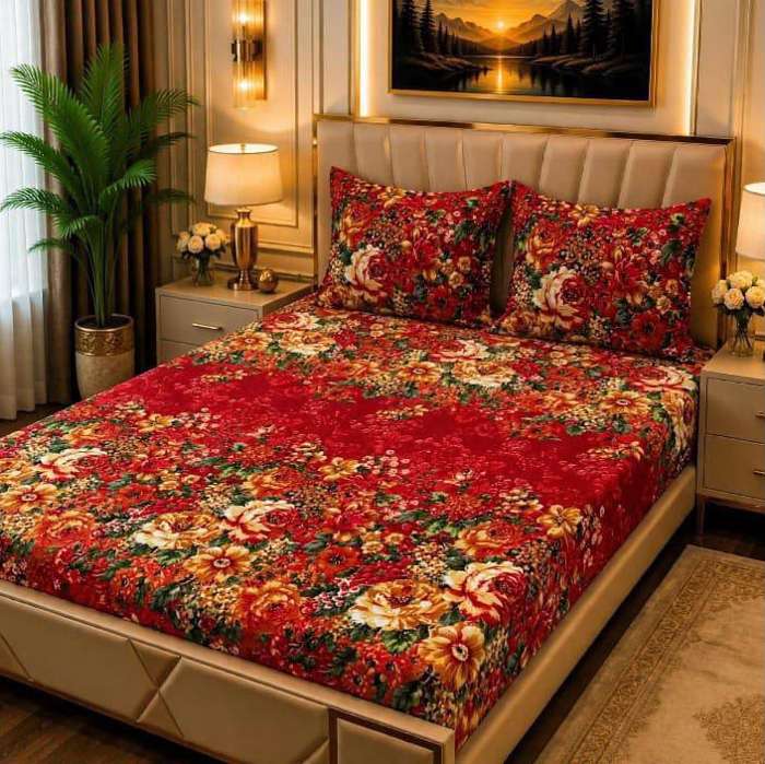 3Pc Fleece Bedsheet Design 05 - Red Multi Floral