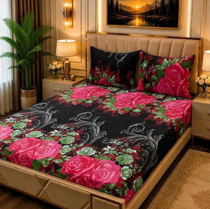 3Pc Fleece Bedsheet Design 06 - Black Pink Roses