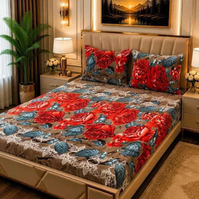 3Pc Fleece Bedsheet Design 07 - Brown Red Roses Lace