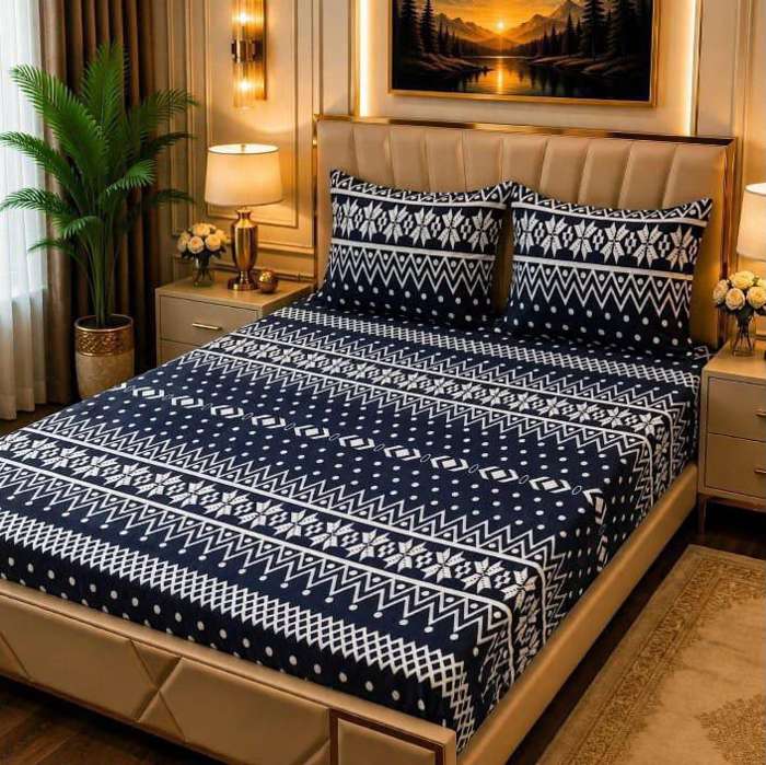 3Pc Fleece Bedsheet Design 08 - Navy White Pattern