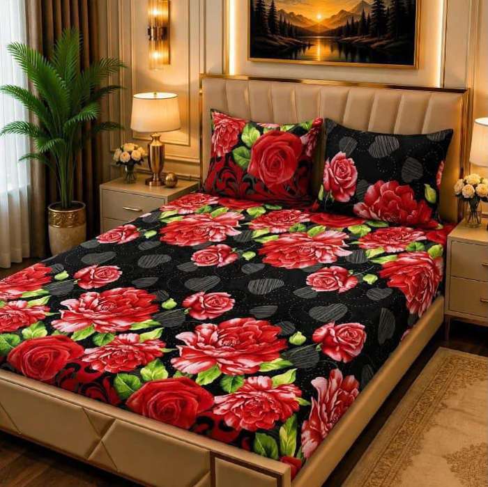 3Pc Fleece Bedsheet Design 09 - Black Red Roses Large