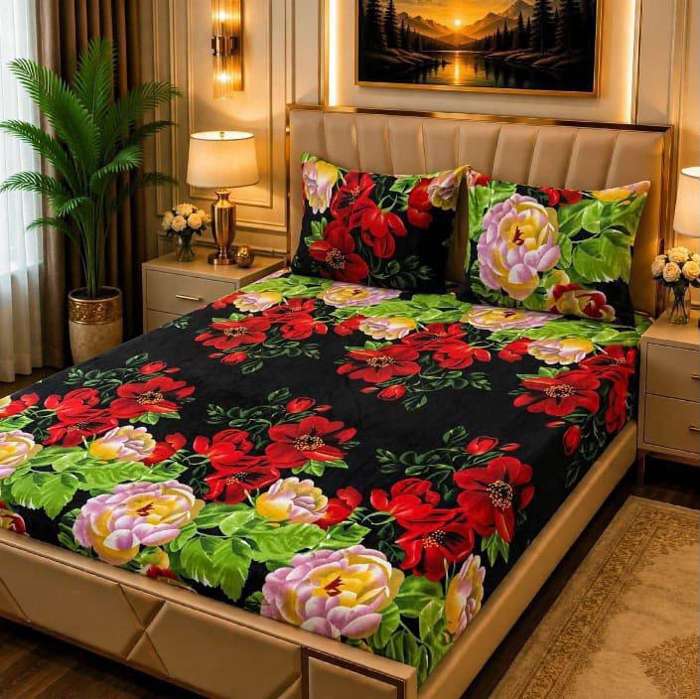 3Pc Fleece Bedsheet Design 10 - Black Red Yellow Floral