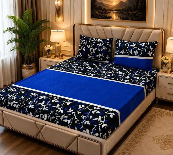 3Pc Fleece Bedsheet Design 11 - Blue Black Floral Panel