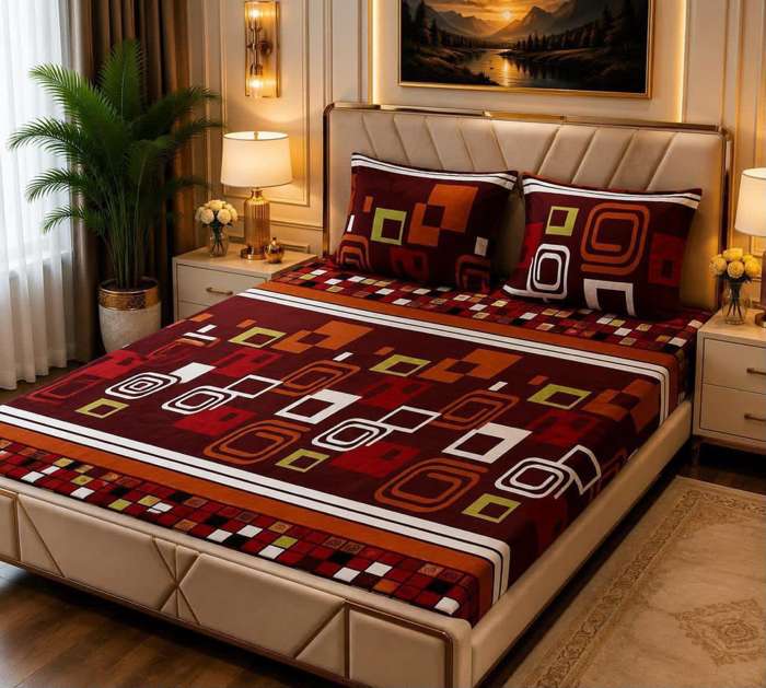 3Pc Fleece Bedsheet Design 12 - Maroon Geometric Squares