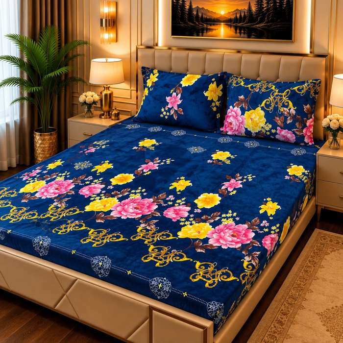 3Pc Fleece Bedsheet Design 13 - Blue Floral Gold