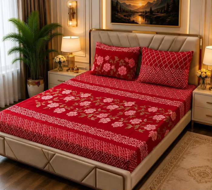 3Pc Fleece Bedsheet Design 14 - Red Floral Border