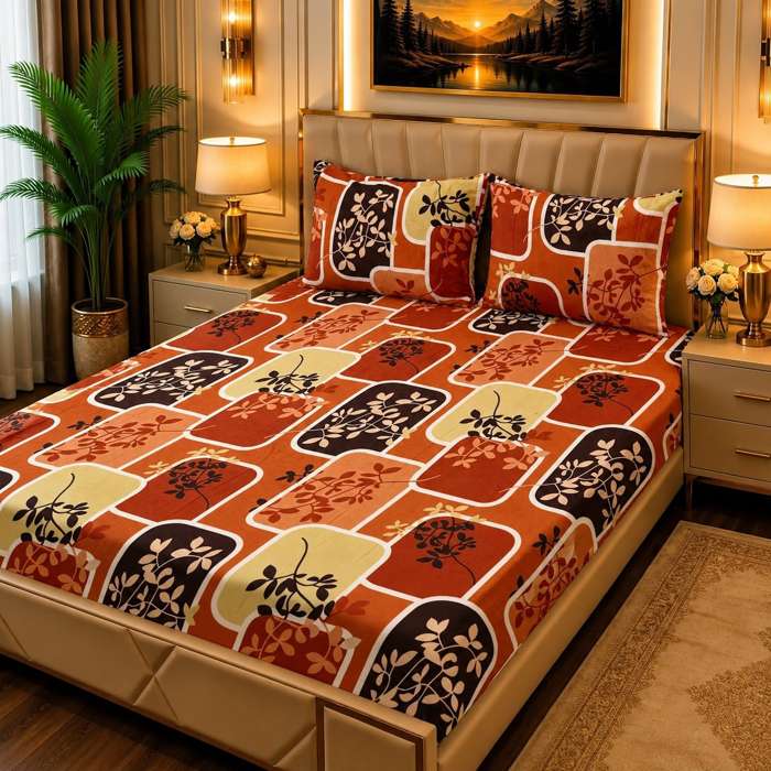 3Pc Fleece Bedsheet Design 15 - Orange Geometric Leaf