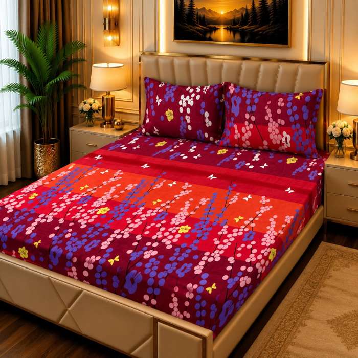 3Pc Fleece Bedsheet Design 16 - Red Purple Dotted Floral