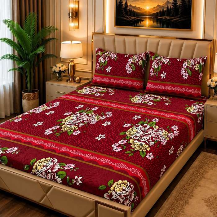 3Pc Fleece Bedsheet Design 17 - Maroon Floral Gold Border
