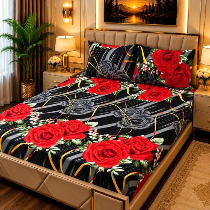 3Pc Fleece Bedsheet Design 18 - Black Red Roses Striped