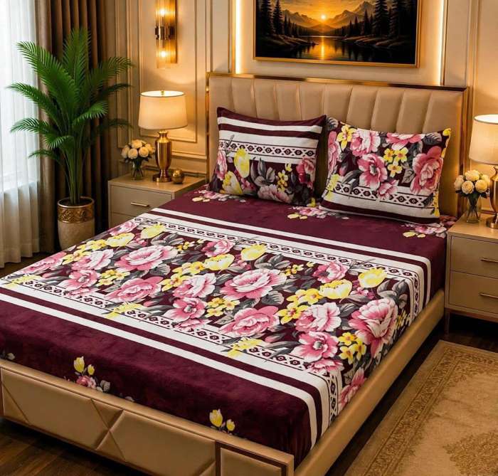 3Pc Fleece Bedsheet Design 19 - Maroon Pink Floral Border