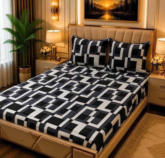 3Pc Fleece Bedsheet Design 20 - Black White Geometric